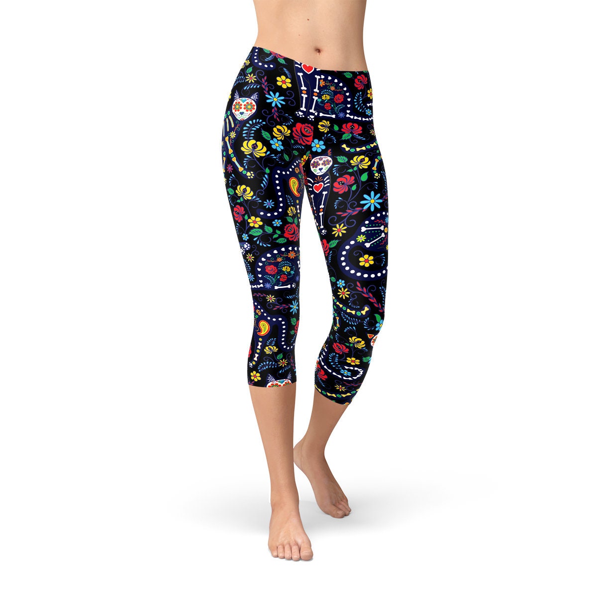 Sugar Skull Cat Capris for Women Black 