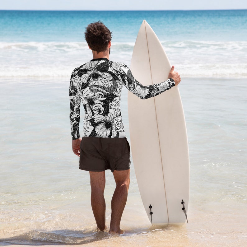 Long Sleeve MMA BJJ Rash Guards UPF Swim Shirt Koi Fish Rash Guard for Men Japanese Tattoo Illustration Print Sun Protection