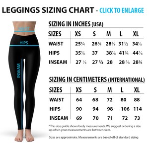 May include: A size chart for leggings in inches and centimeters. The chart shows measurements for waist, hips, and inseam in sizes XS, S, M, L, and XL.