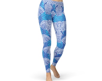 Blue Elephant Yoga Leggings - Blue Elephant Yoga Pants, Elephant Printed Leggings, Elephant Print Leggings, Elephant Pants, Elephant Tights