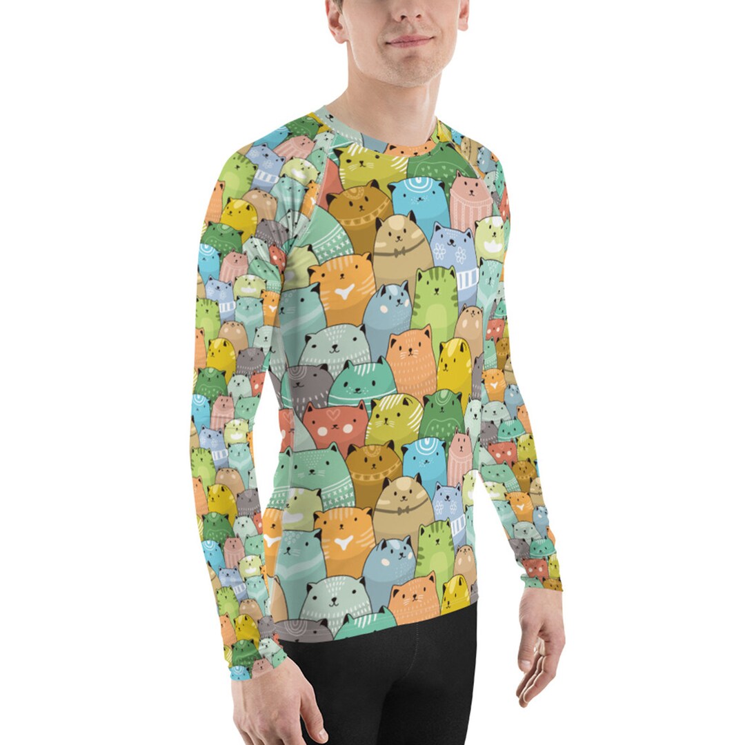 Mens Cat Rash Guard All Over Print Cute Colorful Cats Long Sleeve Rash Guard for Men Sun