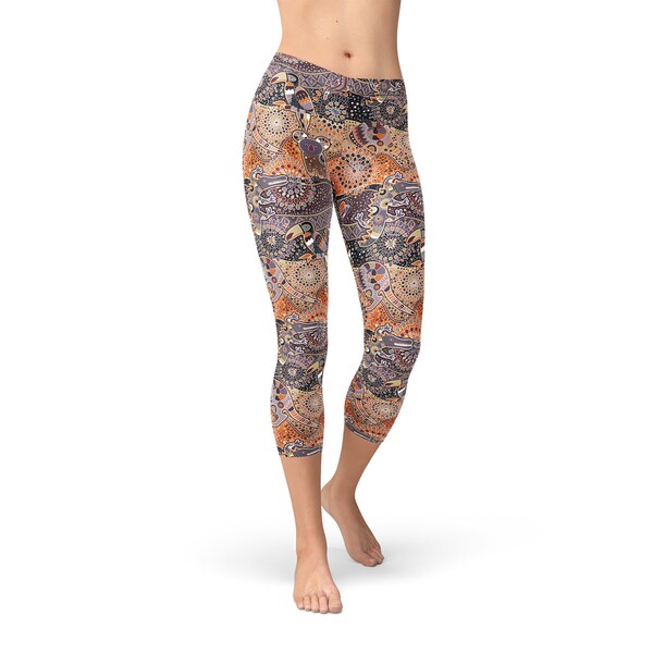 Aboriginal Capri Leggings For Women - Inspired Australian Indigenous Art Mid Waist Yoga Capri Pants Feat. Koala, Kangaroo, Crocodile Print