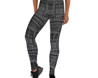 Tribal Maori Tattoo Yoga Leggings - Pantalon d’entraînement de style polynésien pleine longueur pleine longueur en gris Gunmetal parfait pour la course et le crossfit