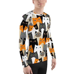 Cat Rash Guard para hombres - Manga larga Rashguard para hombres con estampado de gatos Estampado Protección solar UpF Swim Shirt Perfect Rashie para BJJ o natación