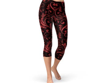 Rote Vines Capri Leggings, Schwarze Yoga Hose, Bedruckte Spandex Strumpfhose