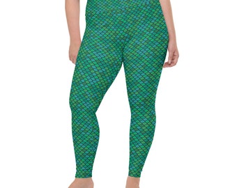 Green Mermaid Plus Size Leggings For Women High Rise Waist Yoga Pants Fish Scales Pattern Print Perfect for Workouts, Running and Gym