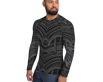 Maori Tattoo Rash Guard for Men - Long Sleeve Gunmetal Gray Inspired Polynesian Ta Moko Rashguard - Sun Protection UPF Swim Shirt for Surf