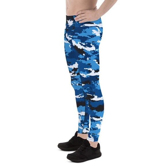 Blue Camo Leggings for Men Army Urban Camouflage Pattern Print Mid Waist  Full Length Workout Pants Perfect for Running, Crossfit, Yoga, Gym 