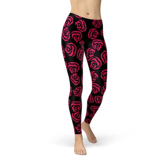 Valentines Day Rose Leggings for Women Printed Black Leggings With