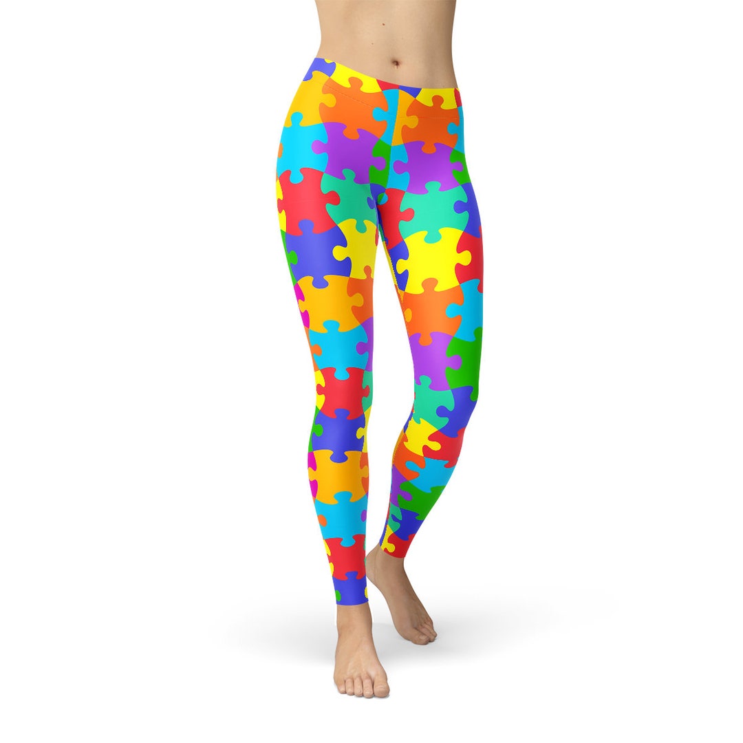 Reflective Puzzle Rainbow Black Leggings