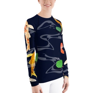 Womens Koi Fish Long Sleeve Rash Guard - All Over Print School of Fish in the Pond on Navy Blue, Sun Protection 38+ UPF Shirt for Swimming