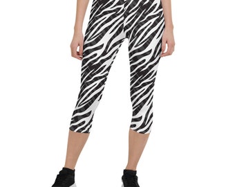 Zebra Stripes Capri Leggings for Women Mid Waisted Workout Capris Black and White Stripe Pattern Print Perfect for Running, Yoga, Crossfit