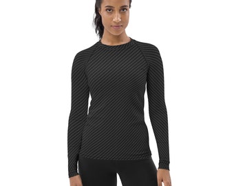 Rash Guard a manica lunga in fibra di carbonio per le donne Black Sports Pattern Sun Protection UPF Swim Shirt perfetta per il surf, MMA, BJJ