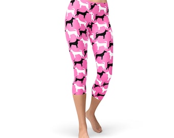 Dog Capri Leggings For Women - Pink Leggings w/ All Over Print Dog Pattern, Perfect Dog Mom Or Dog Lover Gift, Running Leggings, Yoga Capri