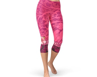 Womens Surf Capri Leggings - All Over Print Pink Capri Pants w/ Hibiscus Flower Print, Perfect For Surfing Leggings And Capri Yoga Pants