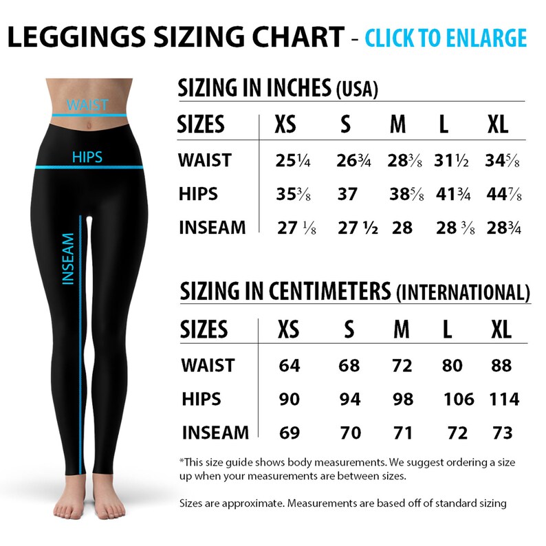 May include: A size chart for leggings, showing measurements in inches and centimeters. The chart includes sizes XS, S, M, L, and XL. The measurements are for waist, hips, and inseam.
