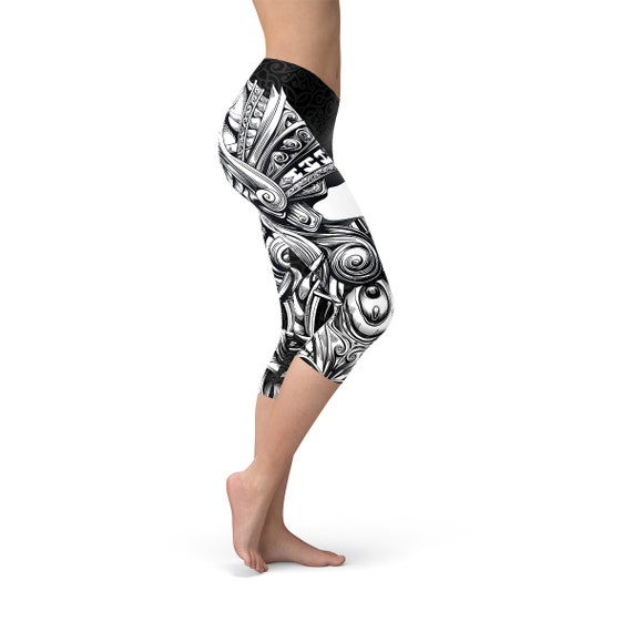 Workout Leggings All Over Print Valkyrie Headpiece Tattoo Design Full Medieval Helmet From Norse Mythology Valkyrie Black Capri Leggings