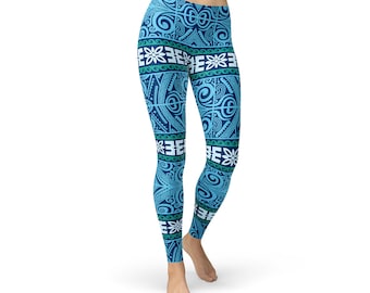 Leggings bleus à imprimé tribal polynésien - Collants de yoga d'été