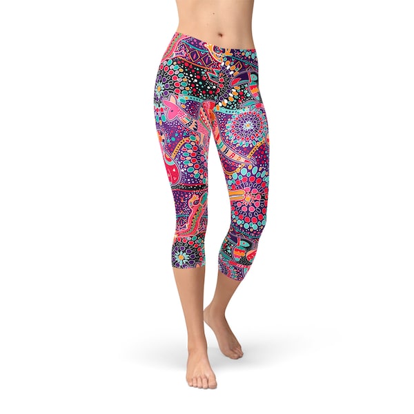 Australian Indigenous Carpi Leggings for Women - Mid Rise Capri Yoga Pants Printed Aboriginal Art Inspired Featuring Koala, Kangaroo, Goanna