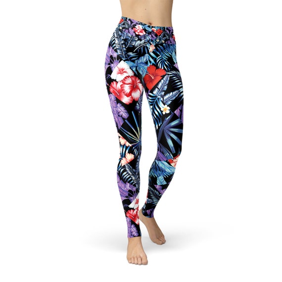 Hawaiian Leggings for Women High Waist Yoga Pants with Tropical Floral Print 