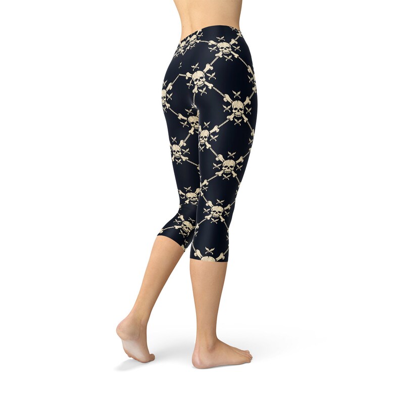 Skull Print Capris For Women Black Capri Leggings All Over Print With Skull and Crossbones, Perfect For Pirate Pants Or Capri Yoga Pants image 3