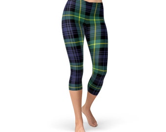 Green and Blue Tartan Capri Leggings - Scottish Tartan Capris, Tartan Plaid Capri, Scottish Tights, Scottland Tights, Plaid Tartan Printed