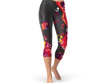 Music Note Capri Leggings for Women - Musical Air Guitar Printed Leggings Non See Through | Squat Proof Capri Yoga Pants Workout Leggings