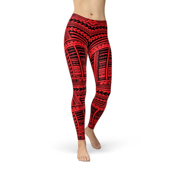 Tribal Maori Tattoo Leggings for Women Red Leggings With Tribal Polynesian  Tattoo Print Non See Through Squat Approved Workout Leggings 