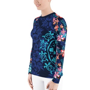 Women's Long Sleeve Rash Guard Hawaiian / Polynesian Floral Pattern Print Rashie Sun Protection 38 UPF Shirt, Perfect For Beach, Surf, Swim image 3