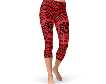 Tribal Maori Tattoo Capri Leggings For Women - Red Capri Leggings with Tribal Polynesian Tattoo Print Non See Through Squat Approved Pants