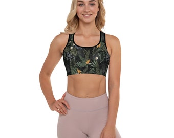 Bird of Paradise Padded Sports Bra for Women - All Over Print Tropical Floral Pattern Design on Black Perfect for Yoga, Pilates, Gym