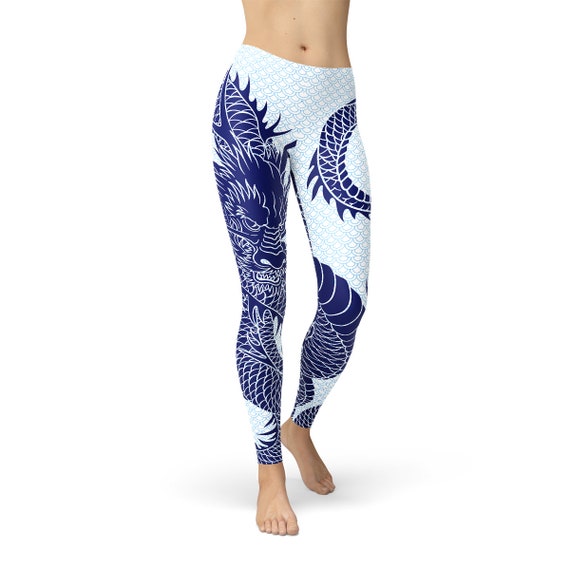 Japanese Dragon Leggings for Women Mid Rise Waist Full Length Workout Pants  Feat Navy Blue Tattoo Style With Scales Perfect for Running, MMA 