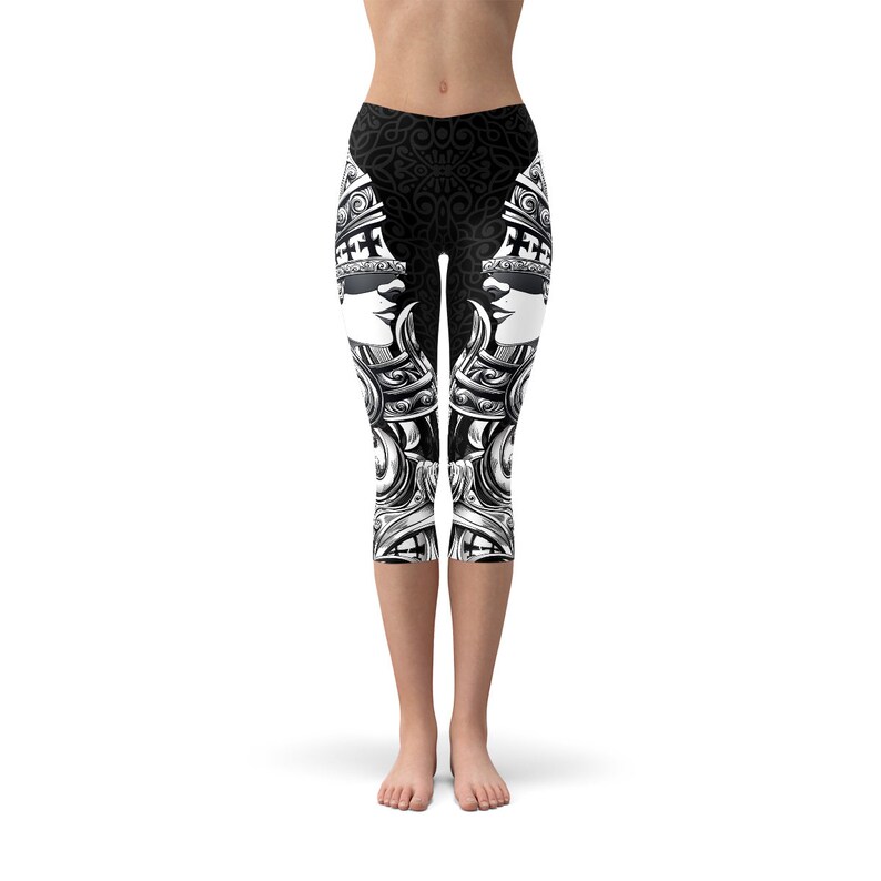 Workout Leggings All Over Print Valkyrie Headpiece Tattoo Design Full Medieval Helmet From Norse Mythology Valkyrie Black Capri Leggings