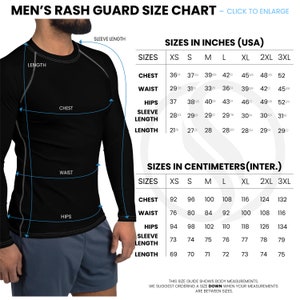 May include: Size chart for rash guards in inches and centimeters. The chart shows measurements for chest, waist, hips, sleeve length, and length in both inches and centimeters for sizes XS to 3XL.