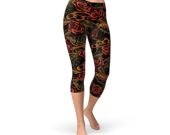 Guns Grenades Roses Capri Leggings - Badass Workout Pants, Badass Capris, Gun Workout Capris, Capris That Say Badass, Gun Workout Leggings