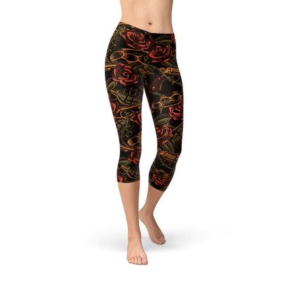 Guns Grenades Roses Capri Leggings Badass Workout Pants, Badass