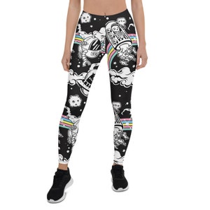 Leggings per lo spazio esterno per donne all over Print Pantaloni da allenamento neri da donna con pianeti, spazio, asteroidi, alieni, galassie e arcobaleni