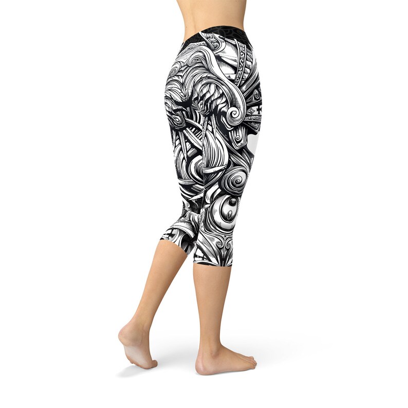 Workout Leggings All Over Print Valkyrie Headpiece Tattoo Design Full Medieval Helmet From Norse Mythology Valkyrie Black Capri Leggings