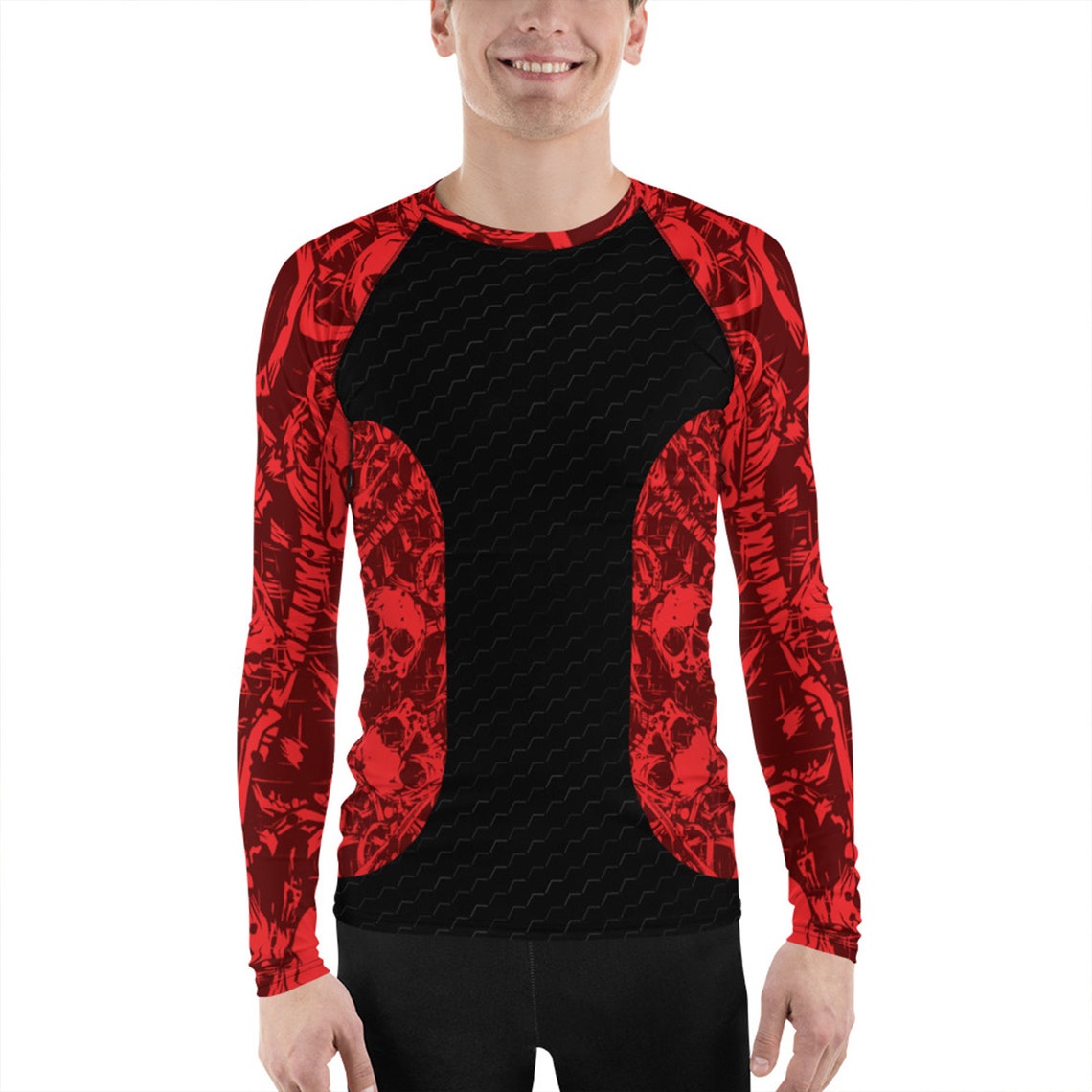 Mens Rash Guard - Red Skulls and Crossbones Print Long Sleeve Rashguard ...