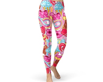 Pink Candy Leggings – Kawaii Cartoon Print, Sweets Lollies