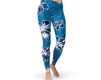 Leggings hawaïens bleus - Pantalon de yoga à imprimé tribal, vêtements de sport