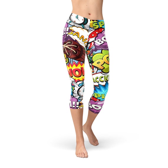 Pop Art Capri Leggings for Women Feat Comic Book Style Design Mid