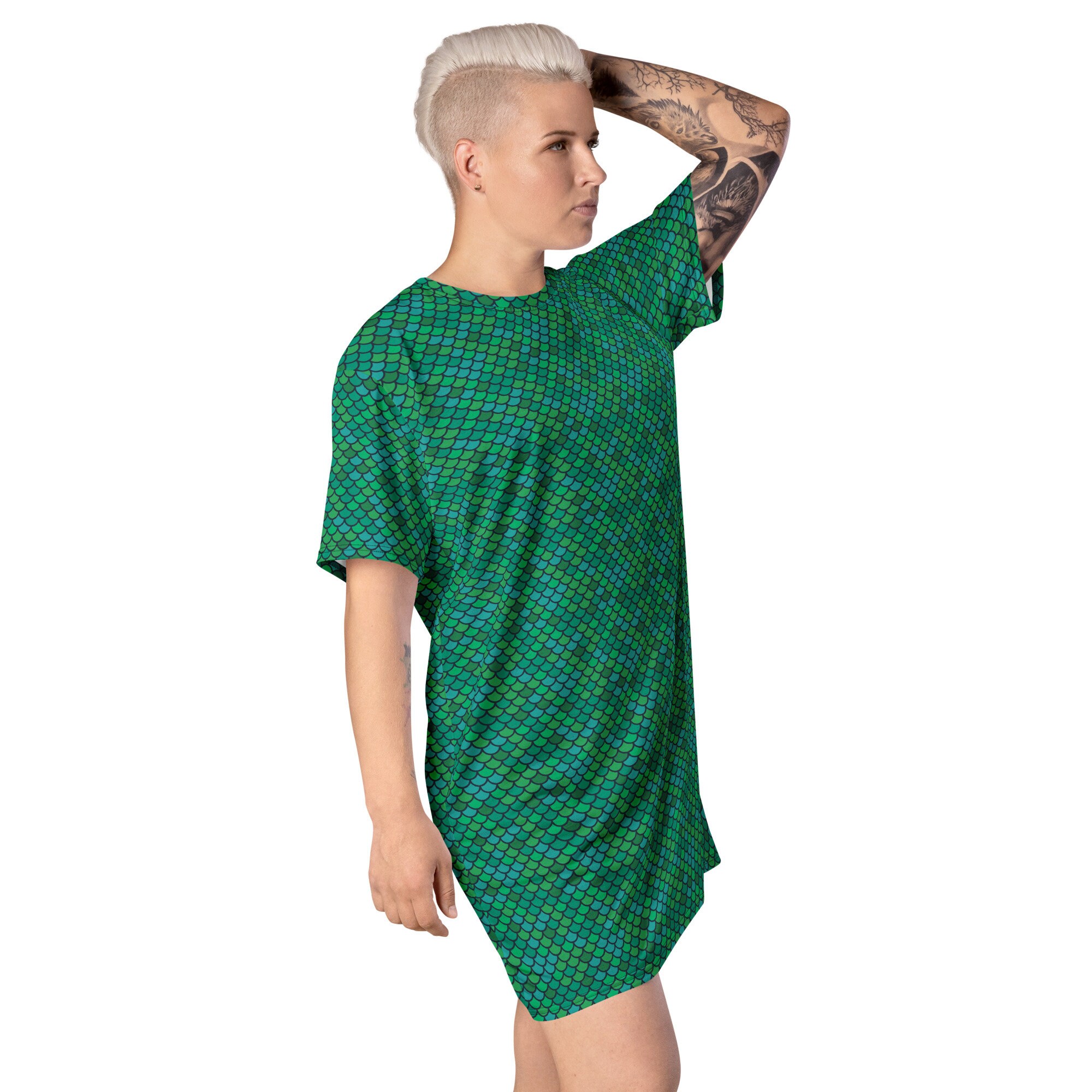 Discover Green Mermaid T-Shirt Dress for Women Fish Scales Pattern Print Plus Size Available Drop Shoulders Comfy Relaxed Oversized Fit