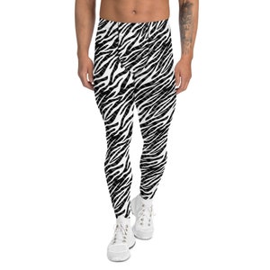 Zebrarandiga leggings för män med medelhög midja och lång längd, svartvitt djurmönster, perfekt för surfing, löpning, BJJ och MMA.