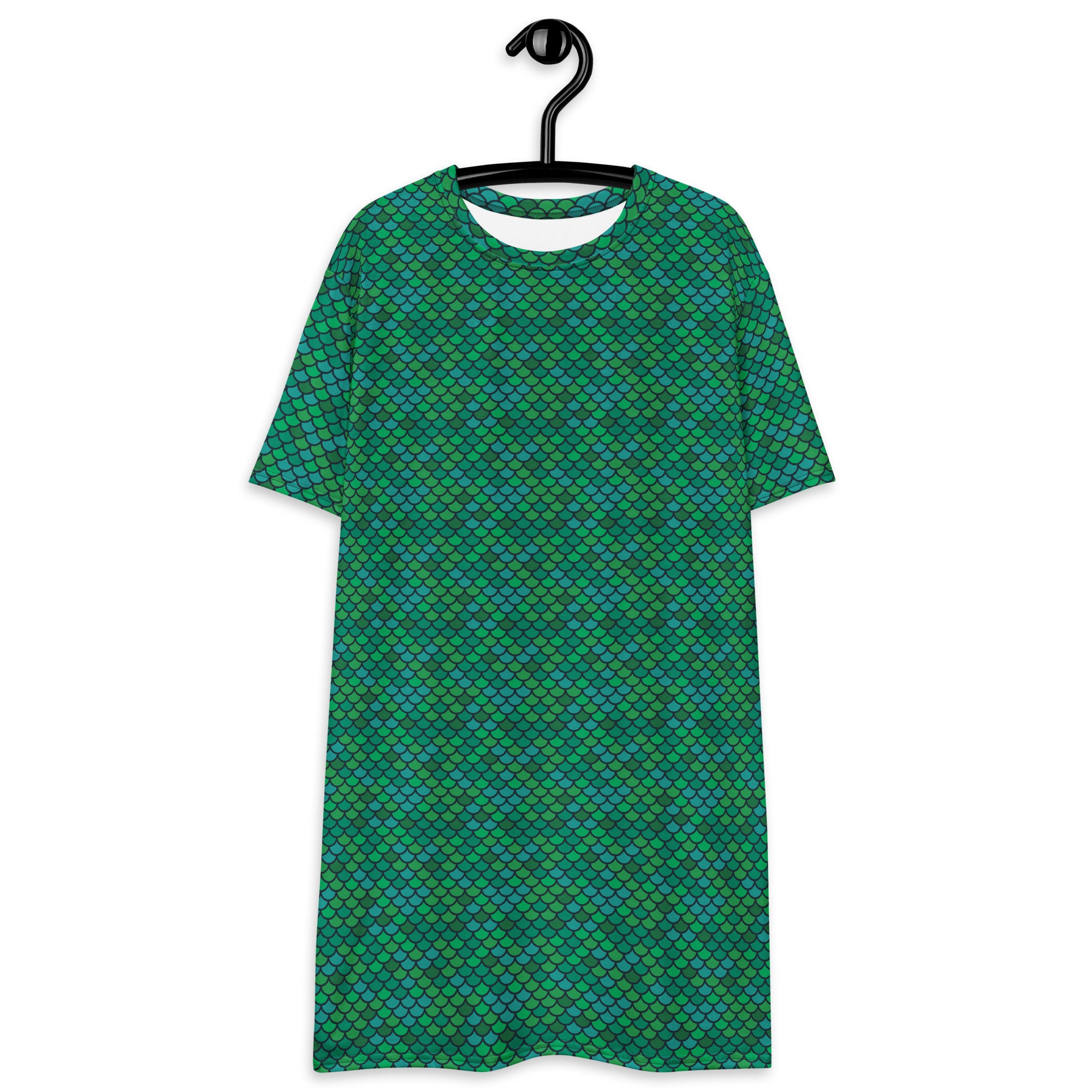 Discover Green Mermaid T-Shirt Dress for Women Fish Scales Pattern Print Plus Size Available Drop Shoulders Comfy Relaxed Oversized Fit