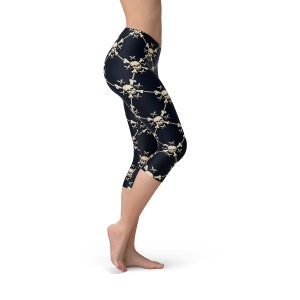 Skull Print Capris For Women Black Capri Leggings All Over Print With Skull and Crossbones, Perfect For Pirate Pants Or Capri Yoga Pants image 2