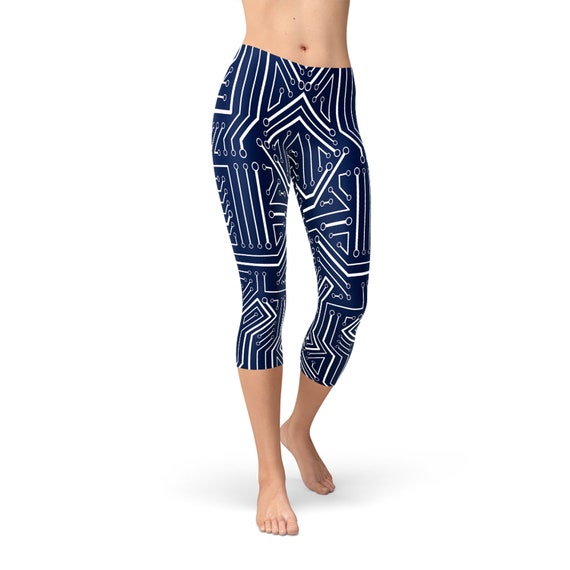 Circuit Board Capri Leggings for Women Navy Blue Capris W/ Cosplay Robot  Print, Squat Proof, Non See Through Workout Pants Running Tights 