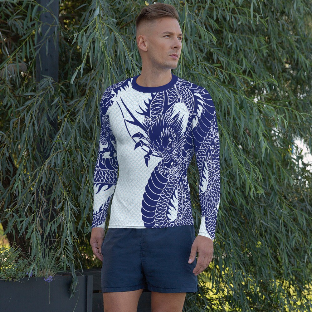Japanese Dragon Long Sleeve Rash Guard for Men Navy Blue Tattoo Design ...