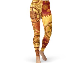 Steampunk Gear Print Leggings - Bronze & Yellow Mechanical Tights