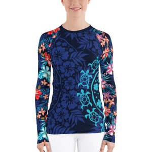 Women's Long Sleeve Rash Guard Hawaiian / Polynesian Floral Pattern Print Rashie Sun Protection 38 UPF Shirt, Perfect For Beach, Surf, Swim image 2